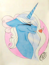 Size: 877x1145 | Tagged: safe, artist:iloveyou332, oc, oc:fleurbelle, alicorn, pony, adorabelle, alicorn oc, blushing, bow, cute, eyes closed, female, hair bow, heart, horn, mare, traditional art, wings
