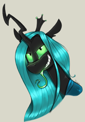 Size: 700x1000 | Tagged: safe, artist:sinrar, queen chrysalis, changeling, changeling queen, g4, bust, female, portrait, simple background, smiling, smug, solo