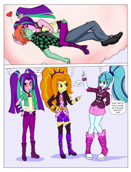 Size: 4578x5988 | Tagged: safe, artist:sodaska, adagio dazzle, aria blaze, sonata dusk, oc, oc:ruby sword, equestria girls, g4, bait and switch, bedroom eyes, blushing, butt grab, butt touch, canon x oc, embrace, female, grabbing hair, grope, hair grab, hand on butt, hand on chest, hand on head, heart, holding head, kissing, looking at each other, lucky bastard, making out, male, on top, pointing, shared dream, shipping, straight, stroking hair, teasing, the dazzlings, thought bubble, tsundaria, tsundere
