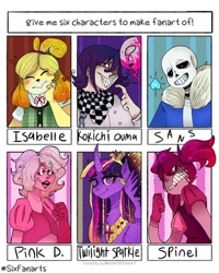 Size: 768x960 | Tagged: safe, artist:_noodelics_loose.limbs, twilight sparkle, alicorn, dog, gem (race), human, pony, anthro, g4, the last problem, angry, animal crossing, anthro with ponies, bone, bust, clothes, crossover, danganronpa, danganronpa v3, element of magic, ethereal mane, eyes closed, female, gem, gloves, gritted teeth, isabelle, kokichi oma, male, mare, older, older twilight, older twilight sparkle (alicorn), peytral, pink diamond (steven universe), princess twilight 2.0, pure unfiltered evil, sans (undertale), six fanarts, skeleton, smiling, spinel, spinel (steven universe), spoilers for another series, starry mane, steven universe, steven universe: the movie, twilight sparkle (alicorn), undertale