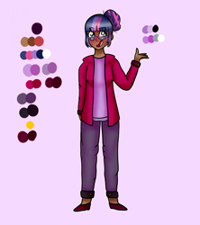 Size: 1600x1800 | Tagged: safe, artist:unikitty66, twilight sparkle, human, g4, alternate hairstyle, blushing, clothes, dark skin, female, flats, glasses, hair bun, hoodie, humanized, jeans, open mouth, pants, purple background, reference sheet, shirt, shoes, simple background, solo, t-shirt