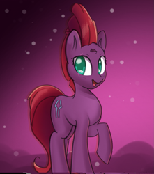 Size: 1369x1547 | Tagged: safe, artist:exploretheweb, fizzlepop berrytwist, tempest shadow, pony, unicorn, g4, abstract background, broken horn, cute, female, happy, horn, looking at you, mare, open mouth, raised hoof, smiling, solo, style emulation, tempestbetes