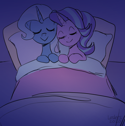 Size: 2143x2153 | Tagged: safe, artist:leslers, starlight glimmer, trixie, pony, unicorn, g4, bed, cute, diatrixes, female, glimmerbetes, high res, lesbian, ship:startrix, shipping, sleeping