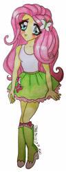 Size: 1458x3803 | Tagged: safe, alternate version, artist:psbellbunny, fluttershy, equestria girls, g4, anime eyes, anime style, blushing, boots, clothes, eyelashes, female, hairclip, high heel boots, high heels, kneesocks, shirt, shoes, signature, simple background, skirt, smiling, socks, solo, traditional art, uguu, white background