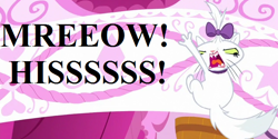 Size: 640x320 | Tagged: safe, edit, edited screencap, editor:korora, screencap, opalescence, do princesses dream of magic sheep, g4, angry, bow, carousel boutique, cat noises, cropped, hair bow, reaction image
