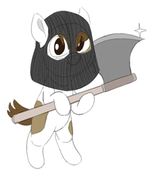 Size: 711x794 | Tagged: safe, artist:heretichesh, pipsqueak, earth pony, pony, g4, axe, bipedal, colt, executioner, male, mask, out of character, simple background, solo, weapon, white background