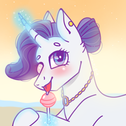 Size: 768x768 | Tagged: safe, artist:valkiria, derpibooru exclusive, rarity, pony, unicorn, g4, beach, blushing, candy, cute, ear piercing, earring, food, gem, glowing horn, happy, horn, jewelry, lollipop, looking at you, magic, necklace, piercing, smiling, tongue out