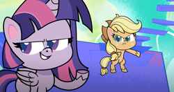 Size: 1593x845 | Tagged: safe, screencap, applejack, twilight sparkle, earth pony, pony, all bottled up (pony life), g4.5, my little pony: pony life, applejack is not amused, bipedal, smug, unamused