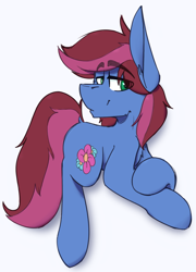 Size: 778x1080 | Tagged: safe, artist:kirbirb, oc, oc only, oc:blue petal, earth pony, pony, art trade, chest fluff, dock, ear fluff, eyebrows, eyebrows visible through hair, lidded eyes, looking at you, male, simple background, smiling, smirk, solo, stallion, white background