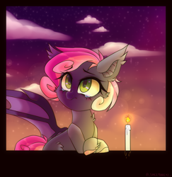 Size: 1385x1424 | Tagged: safe, artist:_spacemonkeyz_, oc, oc only, oc:fizzle berry, bat pony, pony, candle, crying, sky, solo