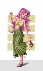 Size: 3040x4960 | Tagged: safe, artist:beamsaber, fluttershy, human, g4, bandeau, bare shoulders, belly button, breasts, busty fluttershy, clothes, feet, female, humanized, long skirt, midriff, nail polish, sandals, shoes, signature, simple background, skirt, sleeveless, solo, strapless, toenail polish, toes
