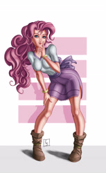 Size: 3040x4960 | Tagged: safe, artist:beamsaber, pinkie pie, human, g4, boots, breasts, busty pinkie pie, clothes, dress, female, humanized, pose, shoes, signature, simple background, smiling, solo