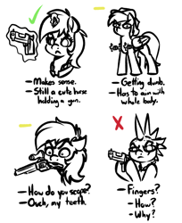 Size: 4000x4900 | Tagged: safe, artist:witchtaunter, oc, oc only, oc:calamity, oc:littlepip, earth pony, pegasus, pony, unicorn, fallout equestria, :<, aiming, battle saddle, cute, derp, female, floppy ears, frown, glare, gun, handgun, levitation, magic, male, mare, mohawk, mouth hold, partial color, pistol, raider, raised eyebrow, revolver, scar, simple background, stallion, telekinesis, wat, weapon, white background, wide eyes