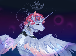 Size: 992x735 | Tagged: safe, artist:bunnari, oc, oc only, oc:acheron, alicorn, pony, alicorn oc, bust, horn, looking at you, male, night, portrait, solo, stallion, wings