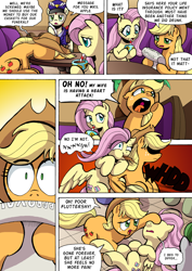 Size: 1204x1700 | Tagged: safe, artist:tarkron, applejack, fluttershy, earth pony, pegasus, pony, comic:what happens in las pegasus, g4, coma, comic, drinking, elbowing, facedesk, female, implied death, implied heart attack, insurance, insurance fraud, lesbian, liarjack, male, playing dead, punched, shadowed face, ship:appleshy, shipping, speech bubble, spitting