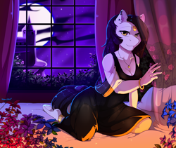 Size: 2764x2330 | Tagged: safe, artist:hakkids2, oc, oc only, oc:lodey darkshine, earth pony, anthro, unguligrade anthro, anthro oc, bracelet, breasts, cleavage, clothes, commission, dress, ear piercing, female, flower, high res, jewelry, looking at you, mare, moon, necklace, night, piercing, solo, watermark, window, ych result