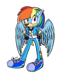 Size: 1258x1474 | Tagged: safe, artist:mysteryart716, part of a set, rainbow dash, hedgehog, mobian, anthro, plantigrade anthro, g4, clothes, cutie mark necklace, female, shoes, simple background, solo, sonic the hedgehog (series), sonicified, species swap, style emulation, transparent background, wings, yuji uekawa style
