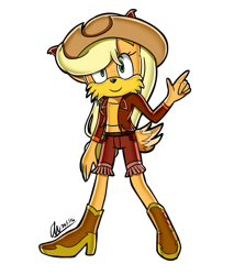 Size: 1258x1474 | Tagged: safe, artist:mysteryart716, part of a set, applejack, coyote, mobian, anthro, plantigrade anthro, g4, clothes, female, hat, shoes, simple background, solo, sonic the hedgehog (series), sonicified, species swap, style emulation, transparent background, yuji uekawa style