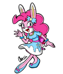 Size: 1258x1474 | Tagged: safe, artist:mysteryart716, part of a set, pinkie pie, mobian, rabbit, anthro, plantigrade anthro, g4, animal, bunnified, bunny pie, clothes, female, shoes, simple background, solo, sonic the hedgehog (series), sonicified, species swap, style emulation, transparent background, yuji uekawa style
