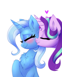 Size: 2400x3000 | Tagged: safe, artist:confetticakez, starlight glimmer, trixie, pony, unicorn, g4, blushing, chest fluff, duo, duo female, eyes closed, female, high res, lesbian, mare, ship:startrix, shipping, simple background, smiling, smooch, white background