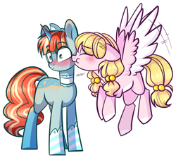 Size: 1340x1215 | Tagged: safe, artist:lazycloud, oc, oc only, oc:french toast, oc:vivid, pegasus, pony, unicorn, female, flying, kissing, lesbian, mare, simple background, stallion, transparent background, two toned wings, wings