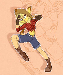 Size: 2261x2652 | Tagged: safe, artist:mysteryart716, part of a set, applejack, dog, mobian, anthro, plantigrade anthro, g4, action pose, boots, clothes, female, fingerless gloves, front knot midriff, gloves, hat, high res, midriff, shoes, shorts, solo, sonic the hedgehog (series), sonicified, species swap, zoom layer