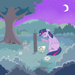 Size: 1500x1500 | Tagged: safe, artist:hjfbjyfgjyt, spike, twilight sparkle, alicorn, dragon, ghost, pony, undead, g4, bouquet, crescent moon, crying, female, flower, grave, gravestone, implied death, male, mare, moon, night, night sky, sky, tree, twilight sparkle (alicorn), winged spike, wings