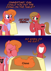 Size: 1148x1602 | Tagged: safe, artist:ladyanidraws, oc, oc:charity, oc:pun, earth pony, pony, china, female, map, mare, pun, table, visual pun