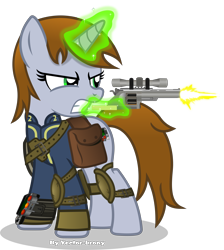 Size: 5015x5589 | Tagged: safe, artist:vector-brony, oc, oc only, oc:littlepip, pony, unicorn, fallout equestria, g4, absurd resolution, bag, clothes, fanfic, fanfic art, female, glowing horn, gritted teeth, gun, handgun, hooves, horn, jumpsuit, levitation, little macintosh, magic, mare, optical sight, pipbuck, revolver, saddle bag, scope, shooting, simple background, solo, telekinesis, transparent background, vault suit, weapon