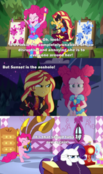 Size: 2000x3375 | Tagged: safe, edit, edited screencap, screencap, pinkie pie, rarity, sunset shimmer, earth pony, pony, unicorn, equestria girls, equestria girls specials, g4, my little pony equestria girls: better together, my little pony equestria girls: sunset's backstage pass, yakity-sax, angry, annoyed, caption, carousel boutique, cellspex, comic, eyes closed, female, hand on hip, high res, image macro, mare, op has a point, paint, paint splatter, quote, reference, rv, sad, screencap comic, sewing machine, text, tree, yovidaphone