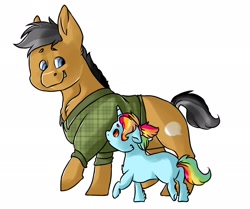 Size: 1900x1591 | Tagged: safe, artist:datwhoolsumcartunist, quibble pants, oc, earth pony, pony, unicorn, g4, clothes, foal, offspring, parent:rainbow dash