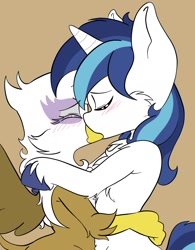 Size: 1536x1966 | Tagged: safe, artist:steelsoul, gilda, shining armor, griffon, pony, unicorn, g4, crack shipping, crying, gildarmor, infidelity, interspecies, kiss on the lips, kissing, shipping, simple background, tan background, tears of joy