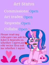 Size: 1080x1440 | Tagged: safe, artist:徐詩珮, oc, oc only, oc:hsu amity, alicorn, pony, alicorn oc, glasses, horn, mouth hold, not twilight sparkle, paintbrush, purple background, simple background, sitting, solo, text, watch, wings