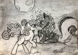 Size: 1951x1375 | Tagged: safe, artist:reekosukanku, oc, oc:reeko, oc:rosé blush, pony, skunk, skunk pony, unicorn, female, male, mare, monochrome, moon, stallion, traditional art