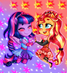 Size: 1100x1200 | Tagged: safe, artist:meqiopeach, sci-twi, sunset shimmer, twilight sparkle, equestria girls, equestria girls specials, g4, my little pony equestria girls: better together, my little pony equestria girls: forgotten friendship, blushing, charm, chibi, clothes, cutie mark, cutie mark background, dress, female, floating, full body, holding hands, lesbian, love, ponied up, ship:sci-twishimmer, ship:sunsetsparkle, shipping, smiling, stars, sun, super ponied up, wings