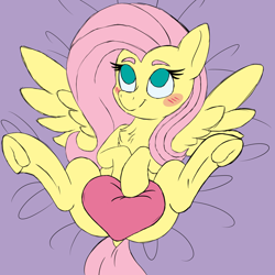 Size: 2048x2048 | Tagged: safe, artist:nevermore228, fluttershy, pegasus, pony, g4, blushing, covering, cute, dock, female, heart, heart pillow, high res, hug, on back, pillow, pillow hug, shyabetes, solo