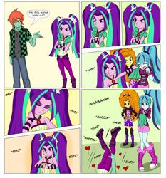 Size: 5578x5988 | Tagged: safe, artist:sodaska, adagio dazzle, aria blaze, sonata dusk, oc, oc:ruby sword, equestria girls, g4, bait and switch, bare shoulders, bedroom eyes, canon x oc, comic, cracking knuckles, female, imminent public sex, imminent sex, kissing, looking at each other, lucky bastard, making out, male, mwah, neck crack, onomatopoeia, pounce, resting bitch face, shipping, sleeveless, smooch, sound effects, straight, strapless, the dazzlings, thumbs up, tsundaria, tsundere, undressing