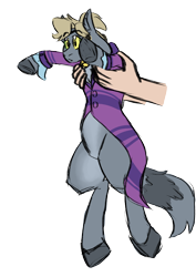 Size: 1240x1748 | Tagged: safe, artist:lightgraphicsdraws, oc, oc:master cheshire, human, hybrid, pony, clothes, holding a pony, offscreen character, offscreen human, simple background, transparent background