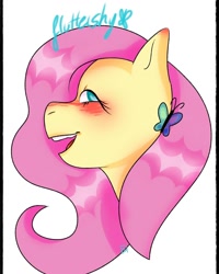 Size: 1080x1350 | Tagged: safe, alternate version, artist:danniesheart, fluttershy, pegasus, pony, g4, blushing, eyelashes, female, hairclip, mare, open mouth, simple background, smiling, solo, text, white background