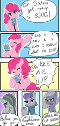 Size: 699x1472 | Tagged: safe, artist:zarohidehire, boulder (g4), limestone pie, marble pie, maud pie, pinkie pie, earth pony, pony, g4, blushing, bring me to life, comic, evanescence, eyes closed, green day, meme, microphone, open mouth, pie sisters, siblings, singing, sisters, smiling, song reference, wake me up before you go go, wake me up when september ends, wham!