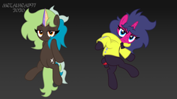 Size: 8000x4500 | Tagged: safe, artist:metalhead97, oc, oc only, oc:bright side, oc:fizzy pop, pony, unicorn, g4, clothes, commission, female, hoodie, horn, lidded eyes, looking at you, mare, outfit, pose, posing for photo, show accurate, simple background