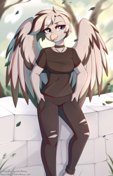 Size: 1928x3000 | Tagged: safe, artist:fensu-san, oc, oc only, griffon, anthro, breasts, clothes, female, reasonably sized breasts, ripped pants, shirt, solo, t-shirt