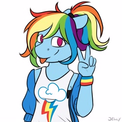 Size: 3000x3000 | Tagged: safe, artist:jellysketch, rainbow dash, pegasus, anthro, g4, clothes, equestria girls outfit, female, high res, looking at you, peace sign, simple background, smiling, solo, tongue out, victory, victory sign, white background