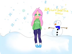 Size: 1080x810 | Tagged: safe, artist:bellas.den, fluttershy, human, g4, blushing, clothes, female, humanized, shoes, snow, snowman, solo