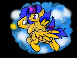 Size: 1080x810 | Tagged: safe, artist:bellas.den, flash sentry, oc, alicorn, pony, g4, alicorn oc, black background, duo, female, filly, flying, horn, jewelry, male, necklace, offspring, parent:flash sentry, parent:twilight sparkle, parents:flashlight, ponies riding ponies, riding, simple background, stallion, wings