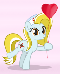 Size: 2752x3362 | Tagged: safe, artist:chomakony, oc, oc only, oc:nurse reisol, earth pony, pony, balloon, cute, earth pony oc, female, hat, heart balloon, high res, kissy face, looking at you, mare, nurse, nurse hat, orange eyes, raised hoof, show accurate, simple background, smiling, solo, teddy bear, weapons-grade cute