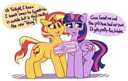Size: 2697x1713 | Tagged: safe, artist:graphenescloset, sunset shimmer, twilight sparkle, alicorn, pony, unicorn, series:shimmy gain drive, g4, box, dialogue, donut, duo, female, food, incentive drive, levitation, magic, simple background, telekinesis, this will end in weight gain, twilight sparkle (alicorn), weight gain sequence, white background