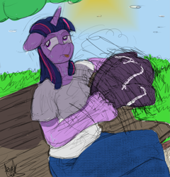 Size: 2605x2709 | Tagged: safe, artist:fetishsketches, twilight sparkle, anthro, g4, bench, clothes, crossed legs, doodle, fanning, female, flip flops, high res, jeans, pants, shirt, solo, sweat, t-shirt, tongue out