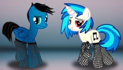 Size: 5758x3300 | Tagged: safe, artist:agkandphotomaker2000, dj pon-3, vinyl scratch, oc, oc:pony video maker, pegasus, pony, unicorn, g4, canon x oc, clothes, curious, female, leggings, male, sexy walk, shipping, show accurate, simple background, straight, videoscratch