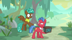 Size: 1920x1080 | Tagged: safe, screencap, biscuit, spur, earth pony, pegasus, pony, g4, growing up is hard to do, duo, duo male and female, female, looking at each other, looking at someone, male, open mouth